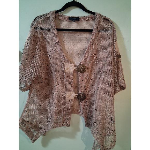 Kaktus Sweaters - Kaktus Pink Open Knit Cotton Cardigan Boho Handkerchief Hem Button Front Large